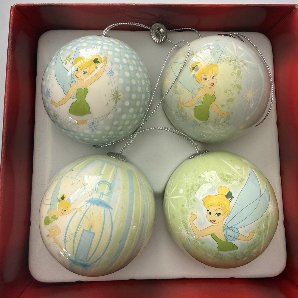 Disney Tinkerbell Fairy Ball Ornaments Set /4 Christmas Holiday Shatterproof VTG